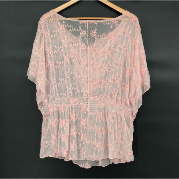 HeartSoul Womens Sheer Lace Mesh Boho Chic Blouse 2X Petal Pink Bohemian Coastal - Picture 2 of 8